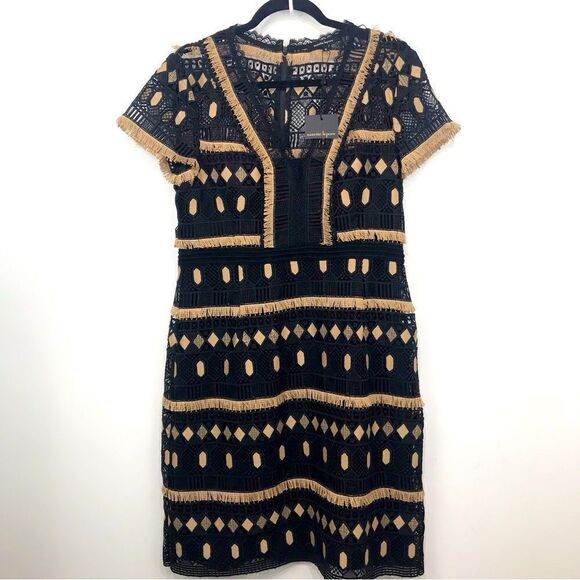 Nanette Lepore Black Tan EFFORTLESS Geo-Lace Fringed Geometric Sheath Dress - Picture 5 of 16